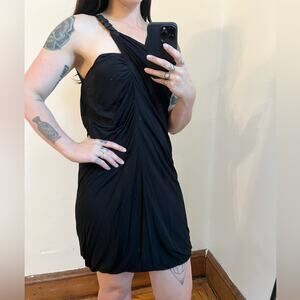 Yigal azrouel black ruched dress asymmetrical one buckle strap cocktail party